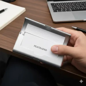 A thin, pocket-sized business card case gift showing it can hold up to 20 cards without being bulky.