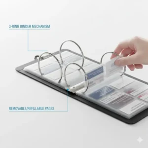 Refillable 3-ring mechanism of a business card binder for adding extra card pages.