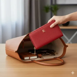 A red leather continental wallet being placed inside a large leather designer tote bag.