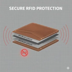 Internal diagram showing the protective RFID blocking layers of a brown leather card holder.