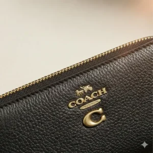 Macro shot of the high-quality brass zipper and hardware on a coach medium zip wallet.
