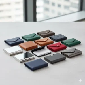 Multiple pocket business card case options in various colors and textures.