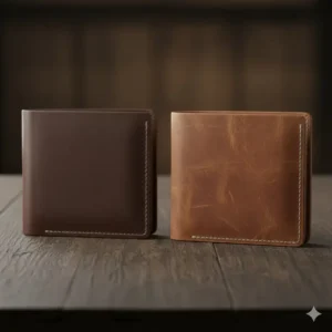 Two items side-by-side showing the difference between chocolate and tan brown wallet leather.