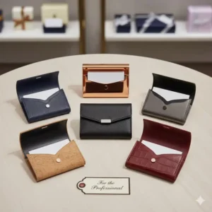 A collection of various executive business card cases in different colors for diverse gifting options.