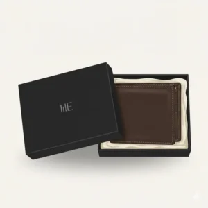 An elegant gift box packaging containing a luxury dark brown wallet.