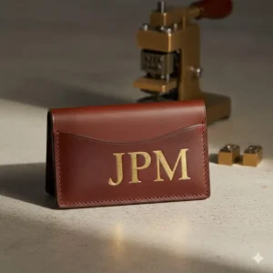A personalized and custom embossed leather business card case with elegant initials.