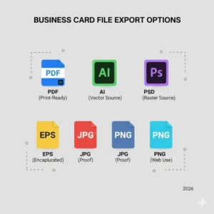 Various export options and file extensions available for a professional business card file.