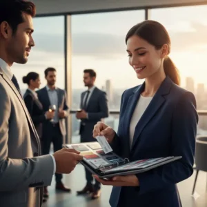 Professionals using a business card binder to exchange and organize contacts at a networking event.