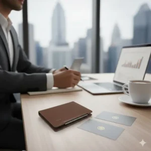 A professional setting where a business card wallet is placed on a table next to a laptop.