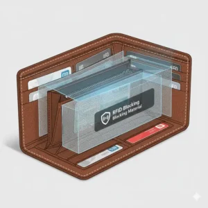 Illustration showing the RFID blocking technology layers within a secure leather continental wallet.