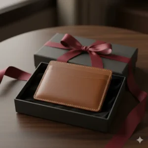 A luxury brown leather card holder presented inside an elegant black gift box.