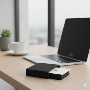 A minimalist black business card case gift resting on a modern office desk next to a laptop.