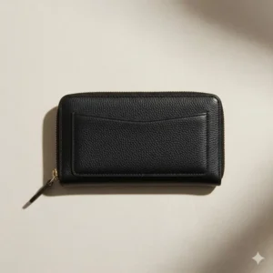 The back exterior of a coach medium zip wallet showing the additional slip pocket for easy-access cards.
