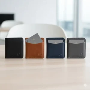 A collection of business card wallet models in different colors including black tan and navy.