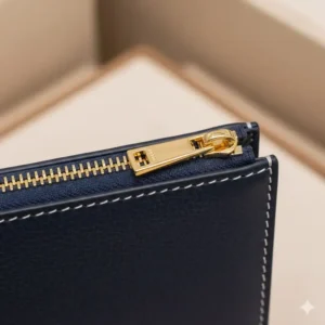 Detailed shot of the polished gold-tone hardware and smooth gliding zipper on a leather continental wallet.