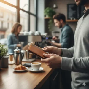 A person holding a slim brown wallet while paying at a cafe counter.