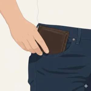 A person putting a sleek dark brown wallet into their back pocket.