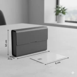 Measuring the compact size and dimensions of a pocket business card case.