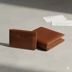 A side-by-side comparison of a slim leather business card case and a traditional wallet.