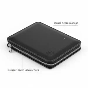 Secure zippered business card binder for safe travel and professional storage.