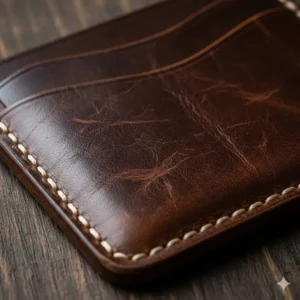A vintage brown leather card holder showing a rich natural patina from long-term use.