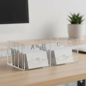 Large capacity acrylic desktop business card holder for multiple cards with alphabetical index.