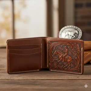 Classic bifold design of leather western wallets for men made from full-grain brown leather with a cowboy motif.
