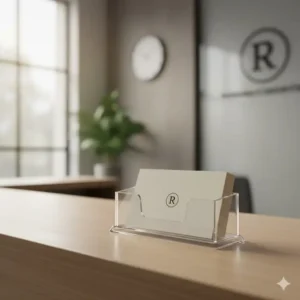 A single-slot clear plastic business card display case for reception desks.