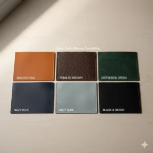 Various leather colors and textures available for your custom leather business card holder order.