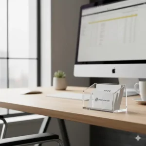 A clear acrylic holder providing easy access for desktop business card storage.