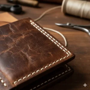 Close-up of the durable hand-stitching on a rugged cowboy leather wallet.
