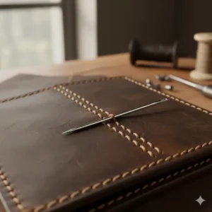 Close up of durable hand stitching on high quality cowboy leather wallets for men.