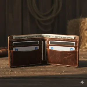 Inside view of a cowboy leather wallet showing card slots and a spacious bill compartment.
