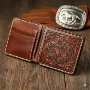 Slim long rodeo style leather western wallets for men with multiple card slots and a checkbook holder.