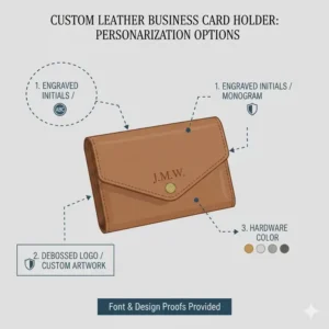 Diagram showing the branding and engraving options for a custom leather business card holder.