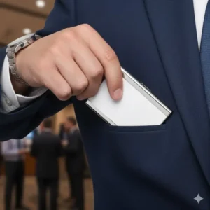 A person sliding a slim metal business card holder for multiple cards into a suit pocket.
