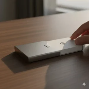 Slim stainless steel pocket case designed for portable business card storage.