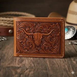 Close-up of the intricate hand-carved leather texture on a professional mens bifold western wallet.