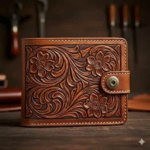 Detailed floral western carving on authentic cowboy leather wallets for men.