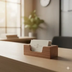 Handcrafted wooden business card display case with a minimalist design.