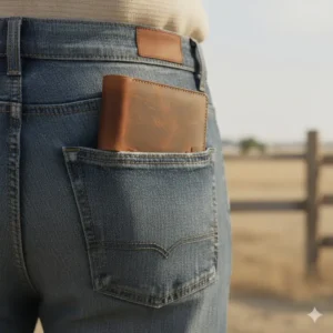A slim cowboy leather wallet peeking out of the back pocket of blue denim jeans.