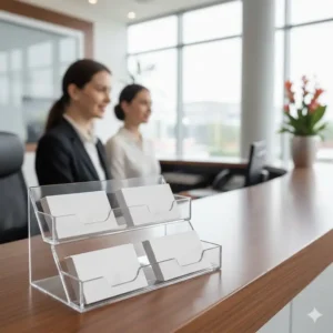 Clear tiered display acting as a business card holder for multiple cards on a reception counter.