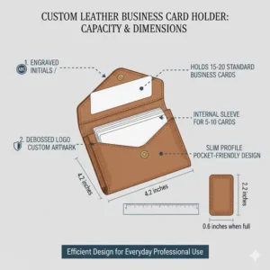 Detailed dimensions and card capacity of a slim custom leather business card holder.