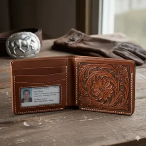 Detailed interior view of leather western wallets for men showing credit card pockets and a clear ID window