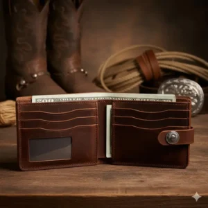 An open view of long rodeo style cowboy leather wallets for men with card slots and cash.