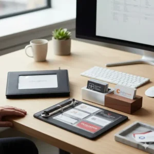 A high-capacity leather binder used for organized business card storage.