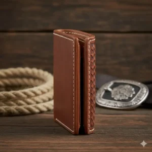Side view illustration of a slim mens bifold western wallet showcasing its compact design.