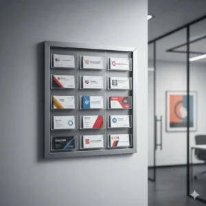 A wall-mounted business card display case featuring multiple pockets for office contacts.