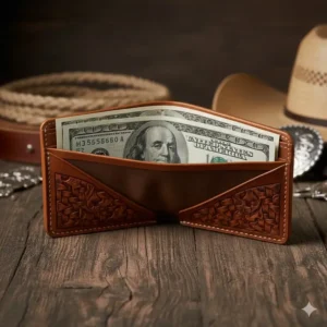 Top view of the large cash compartment inside a durable mens bifold western wallet.