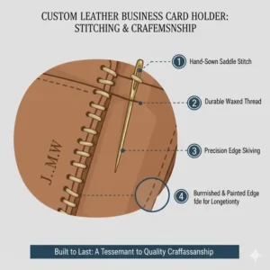 Close-up of the hand-stitched details on a high-quality custom leather business card holder.